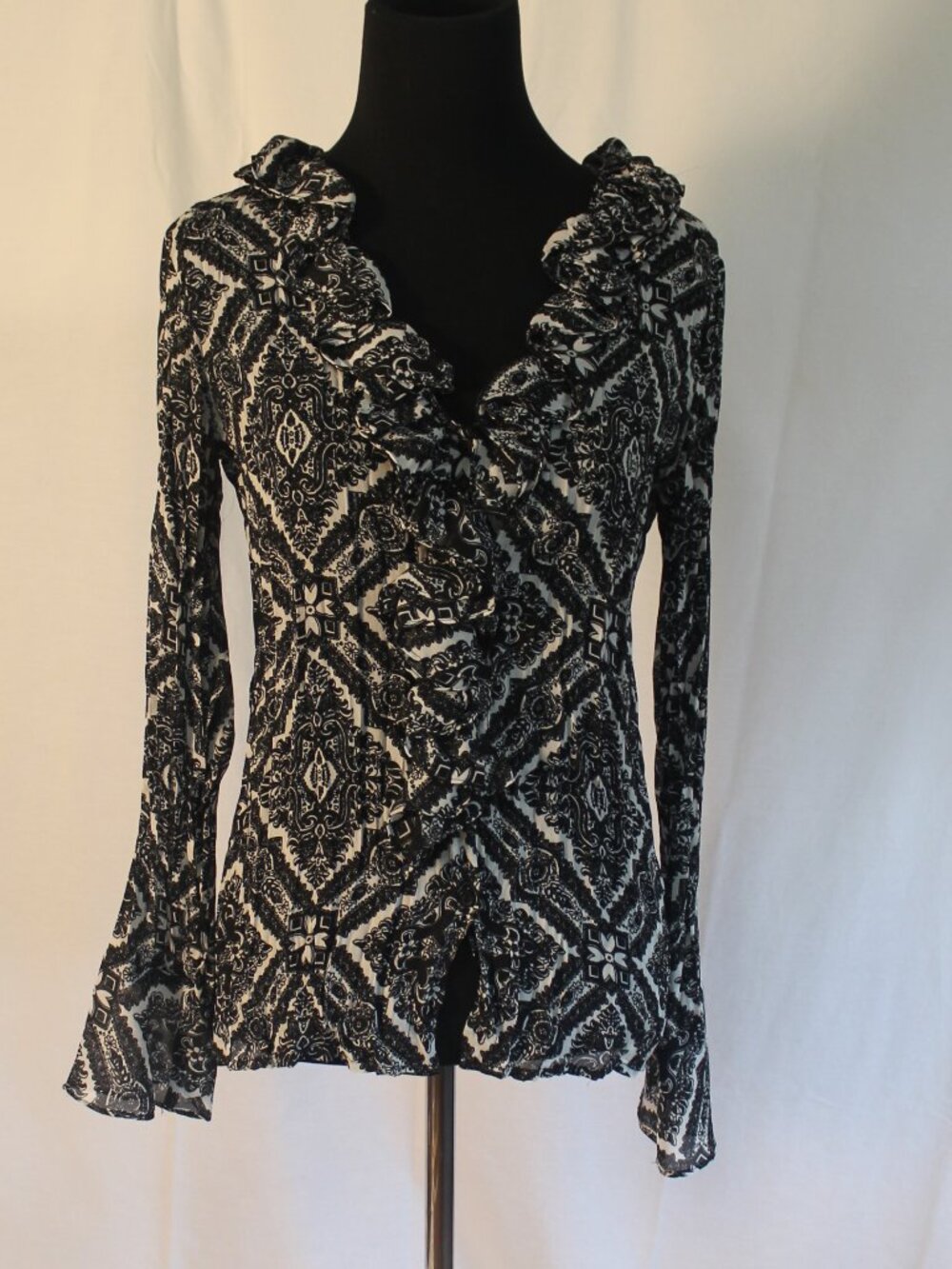 Vintage 90s Petite Sophisticate Black & White Pleated Ruffled Blouse PS